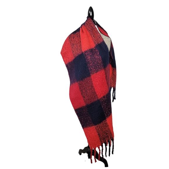 Unbranded Red & Navy Plaid Fringed Acrylic Knit Scarf - Picture 2 of 6
